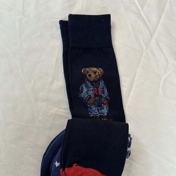 NEW WITH TAGS! Two Pairs, Ralph Lauren Blue and Red Dress Socks with Bear Design - Picture 5 of 5